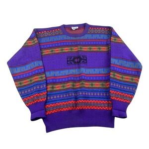 Vintage Meister Sweater Men M Purple Geometric Ski Aztec Wool Blend Hong Kong